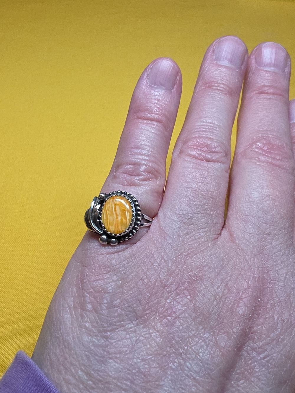Vintage Zuni or Navajo 925 Ring w/ an Orange Spiny Oyster Shell Cabochon